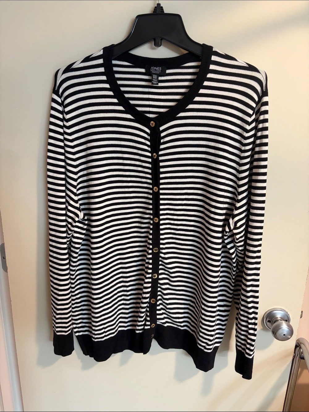 Jones New York Black and White Striped Knit Cardigan